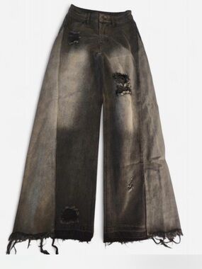 Distressed Wide-Leg Women’s Jeans - Washed Black
